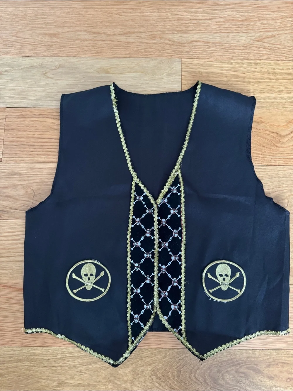 Kids Black Pirate Vest with Gold Skull Accents, one size